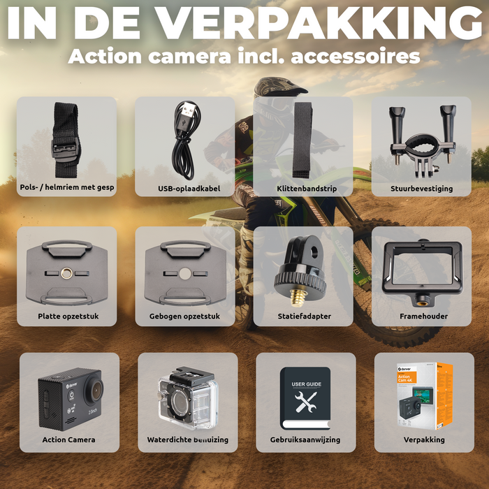 Denver Action Camera 4K - 20MP - Foto & Video - WiFi - App - 40M Waterdicht - Incl. Accessoires - ACK8064