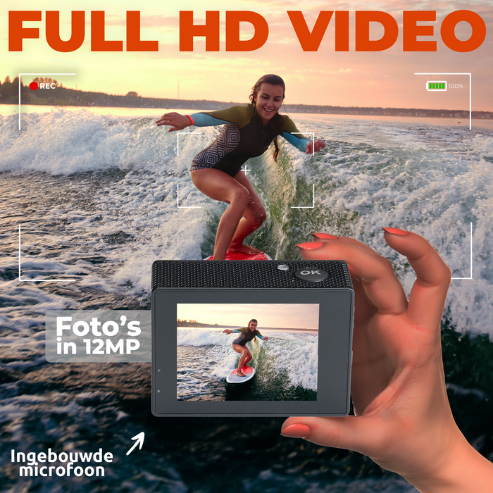 Denver Action Camera Full HD - 12MP - Foto & Video - WiFi - App - 30M Waterdicht - Incl. Accessoires - ACW5054