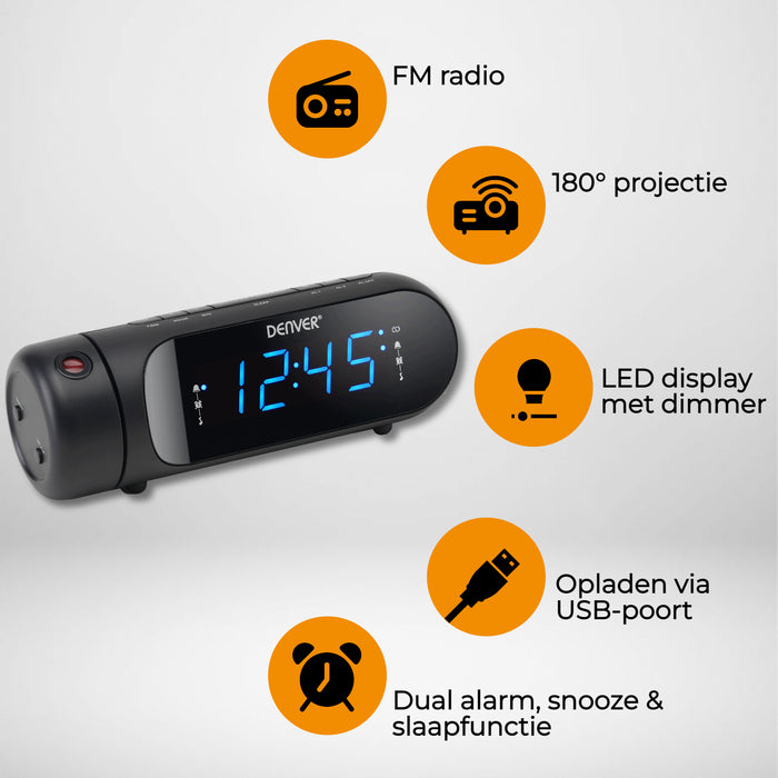 Denver Wekkerradio met Projectie - Opladen via USB - Digitale Wekker - FM Radio - Dubbel Alarm - CPR700