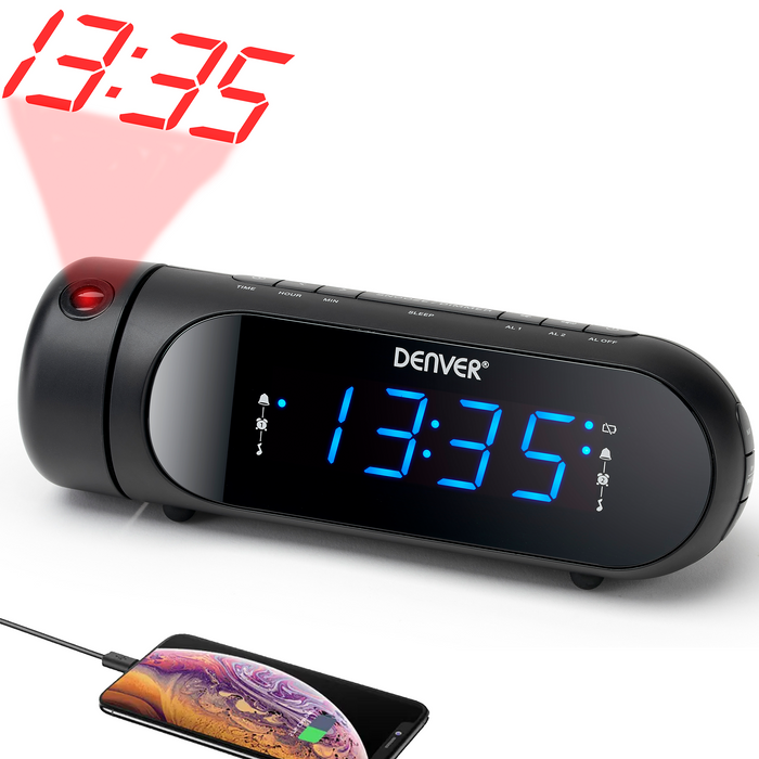 Denver Wekkerradio met Projectie - Opladen via USB - Digitale Wekker - FM Radio - Dubbel Alarm - CPR700