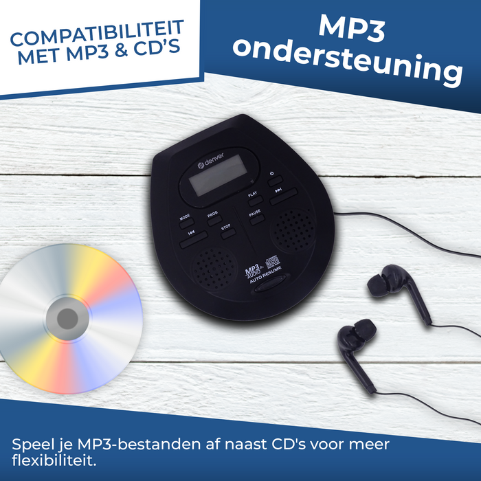 Denver Discman - Draagbare CD & MP3 speler - Anti shock - Ingebouwde speakers - Inclusief Oordopjes - CD, CD-R, CD-RW, MP3 - DMP395