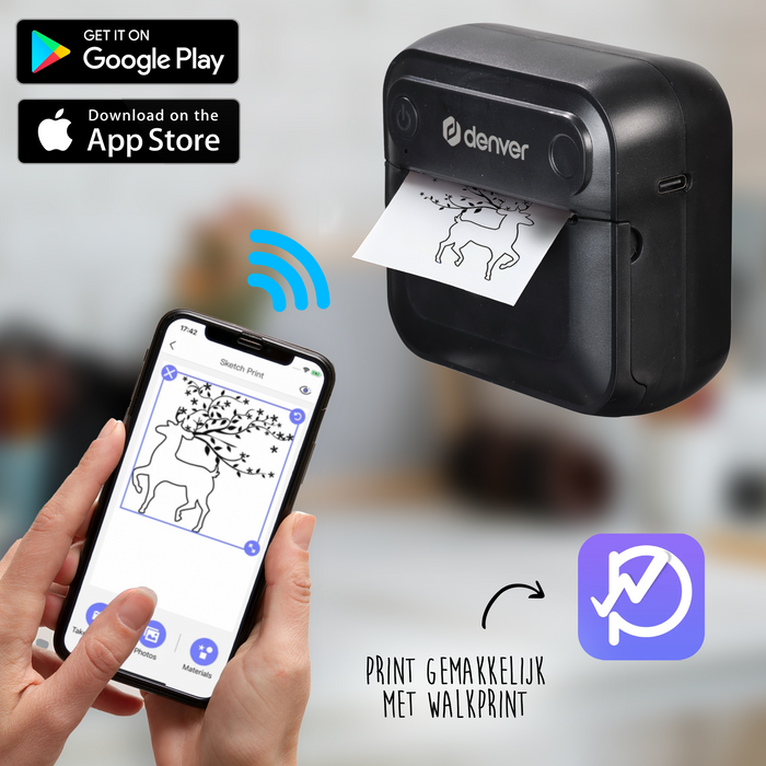 Denver Mini Pocket Printer - Sticker Printer - Thermisch Papier - Bluetooth - Mobiele Fotoprinter - MBP32