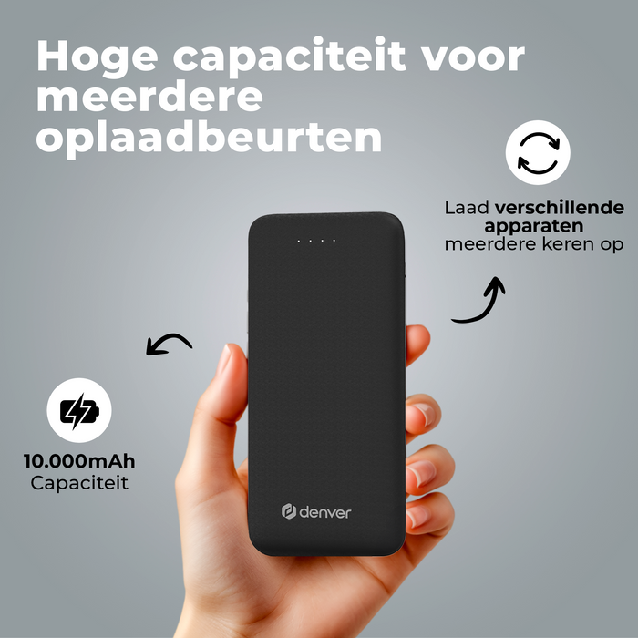 Denver Powerbank 10000 mAh - Met batterij indicator - USB - Micro USB - Universele Powerbank voor o.a. Apple iPhone / Samsung - Zwart - PBS10010B