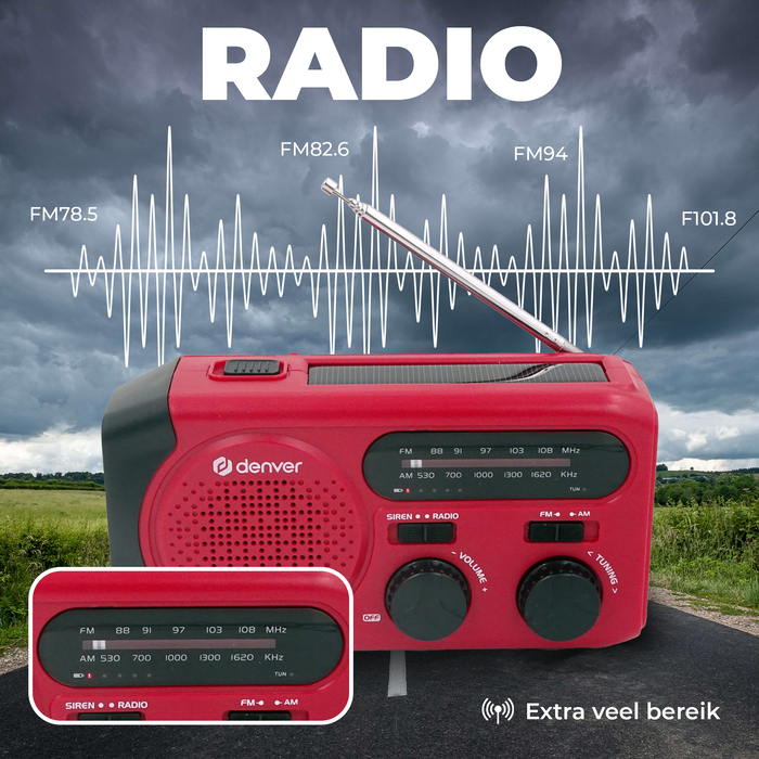 Denver Noodradio - Powerbank Zonneenergie - FM Radio - Noodpakket - Zaklamp - Opwindbaar - SOS Knop - Solar powerbank - SCR2010
