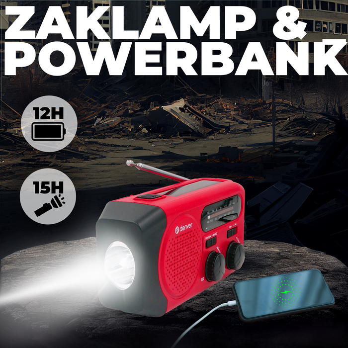 Denver Noodradio - Powerbank Zonneenergie - FM Radio - Noodpakket - Zaklamp - Opwindbaar - SOS Knop - Solar powerbank - SCR2010