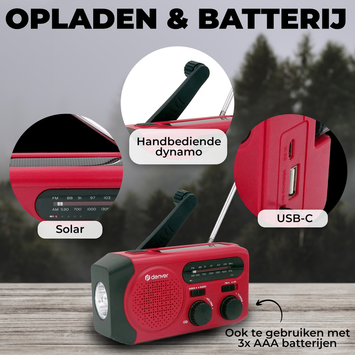 Denver Noodradio - Powerbank Zonneenergie - FM Radio - Noodpakket - Zaklamp - Opwindbaar - SOS Knop - Solar powerbank - SCR2010