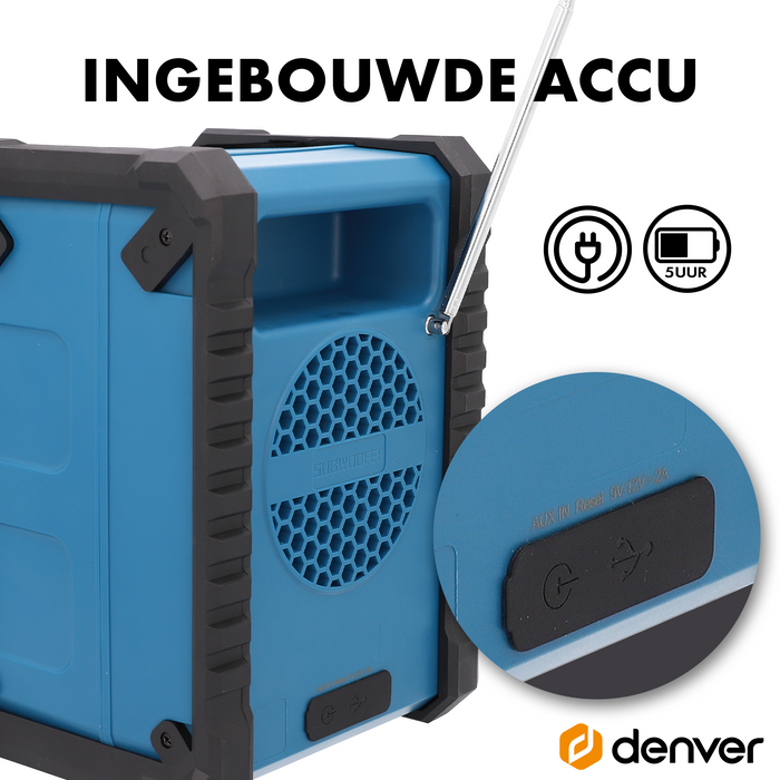 Denver Bouwradio DAB - Bluetooth  - Accu - USB-C - Spatwaterdicht - WRD60