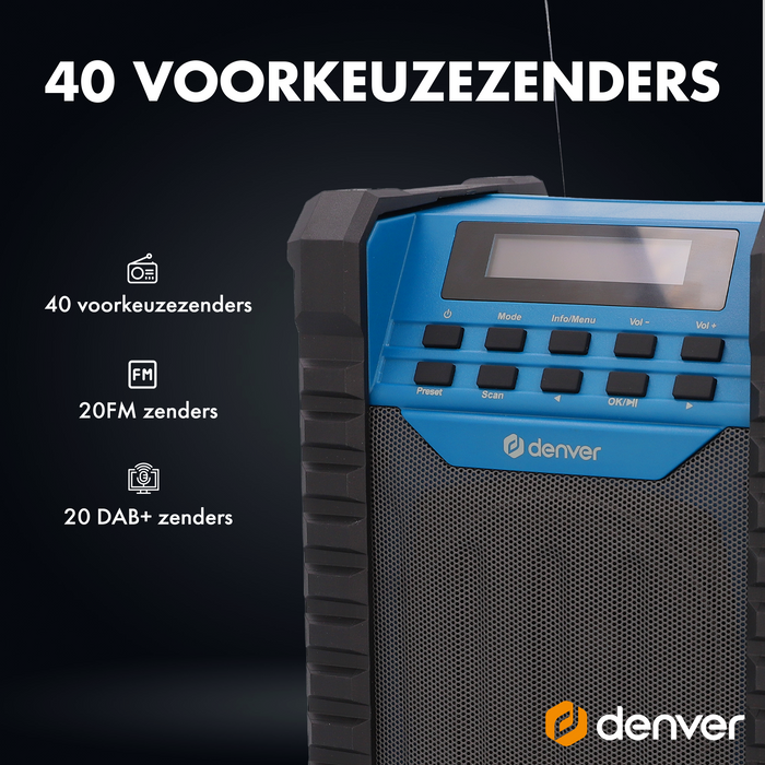 Denver Bouwradio DAB - Bluetooth  - Accu - USB-C - Spatwaterdicht - WRD60