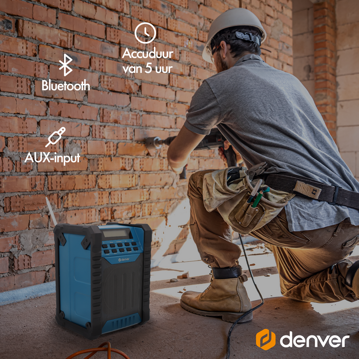 Denver Bouwradio DAB - Bluetooth  - Accu - USB-C - Spatwaterdicht - WRD60
