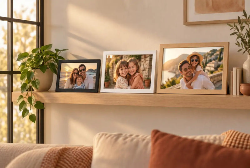 Drie digitale fotolijsten in verschillende formaten naast elkaar op een wandplank