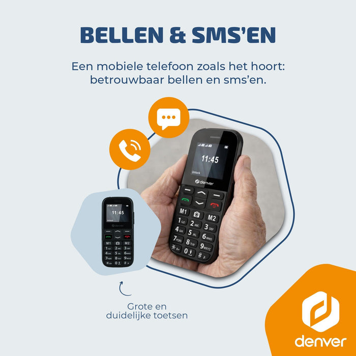 Denver Senioren Mobiele Telefoon 4G - Grote Toetsen - SOS knop - Oplaadstation - GSM - Bluetooth - FM Radio - Volledig NL en FR - BAS18800L