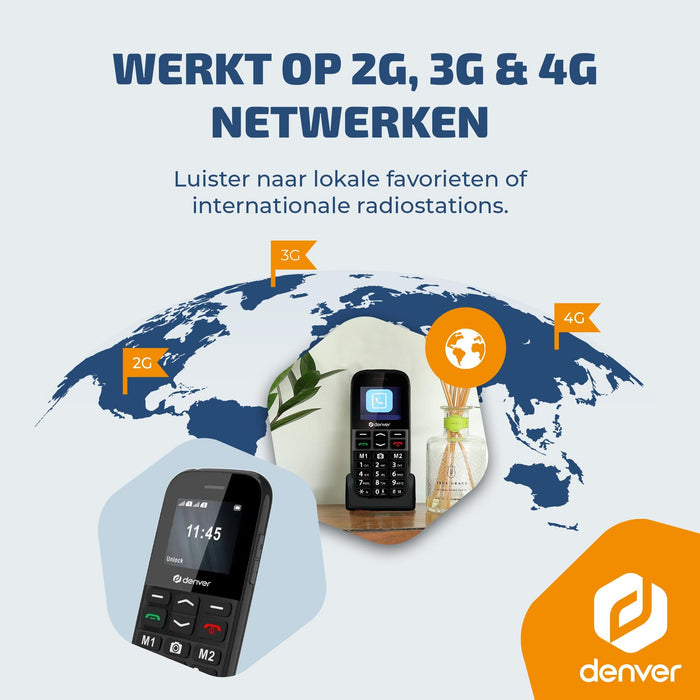 Denver Senioren Mobiele Telefoon 4G - Grote Toetsen - SOS knop - Oplaadstation - GSM - Bluetooth - FM Radio - Volledig NL en FR - BAS18800L