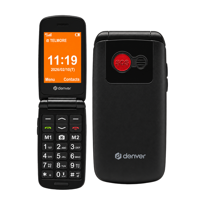 Denver BAS24600L klaptelefoon met oranje display en grote toetsen, plus de achterkant met SOS-knop