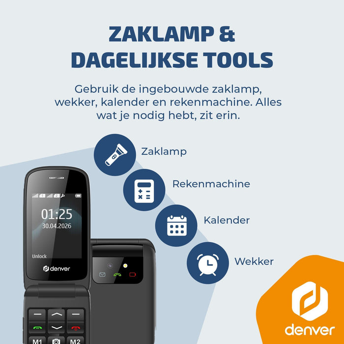 Denver Senioren Mobiele Telefoon 4G - Grote Toetsen - SOS knop - Oplaadstation - GSM - Bluetooth - FM Radio - Volledig NL en FR - BAS24800L