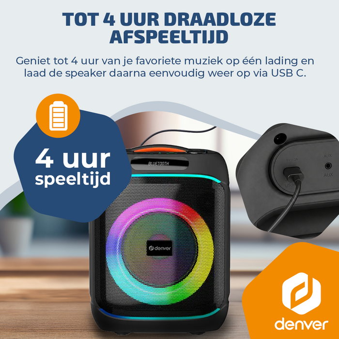 Denver Bluetooth Speaker Party box - Discolichten - Partyspeaker incl. draadloze microfoon & afstandsbediening - Luidspreker - BPS170