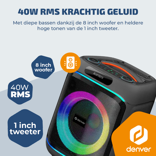 Denver Bluetooth Speaker Party box - Discolichten - Partyspeaker incl. draadloze microfoon & afstandsbediening - Luidspreker - BPS270