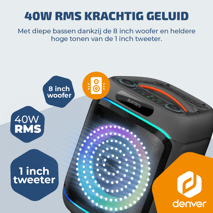 Denver Bluetooth Speaker Party box - Discolichten - Partyspeaker incl. draadloze microfoon & afstandsbediening - Luidspreker - BPS270