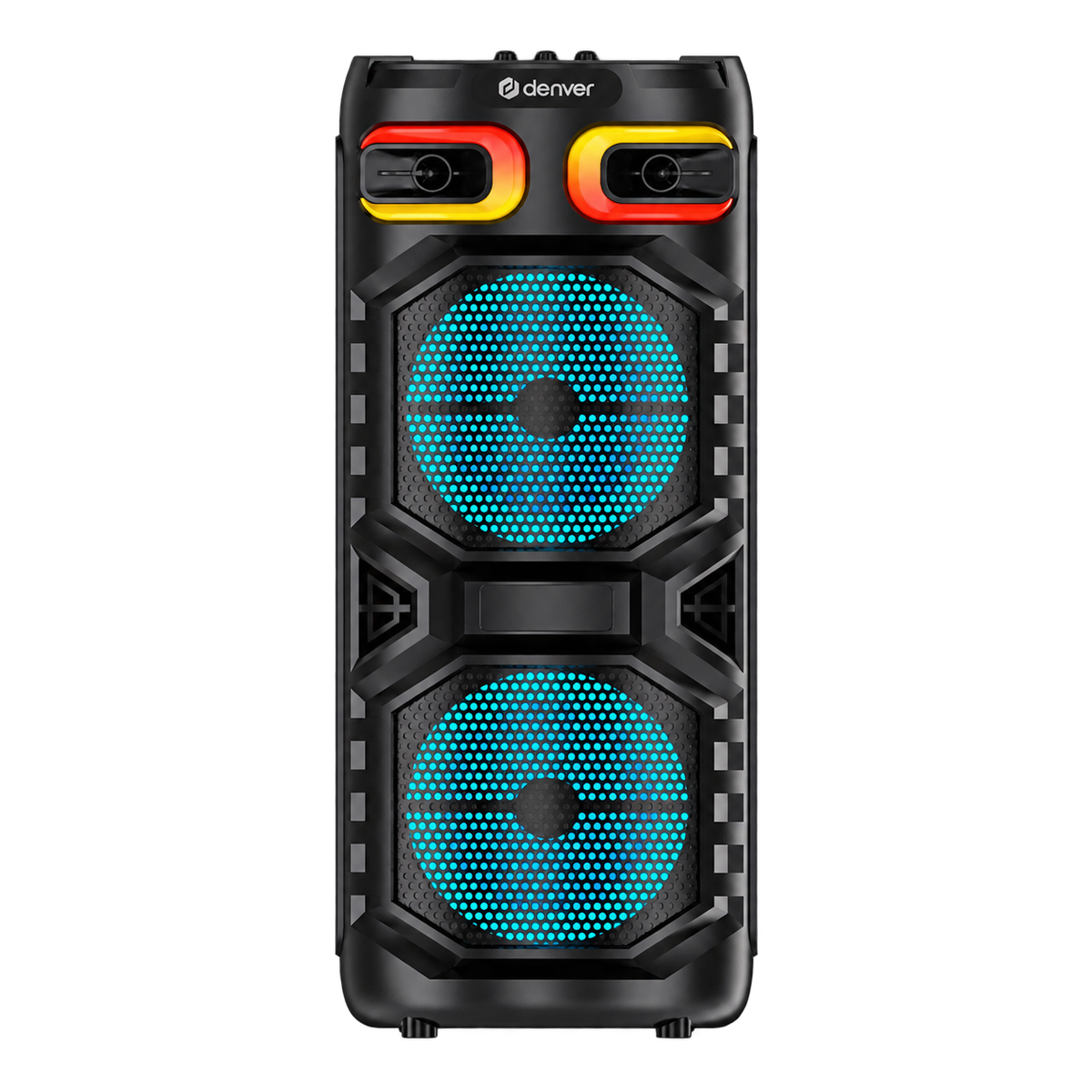 Denver BPS355 partyspeaker met twee woofers en oranje lichtstrips, vooraanzicht