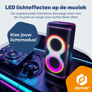 Denver partyspeaker 6,5 inch · discolicht, draadloze microfoon en 4 uur accu