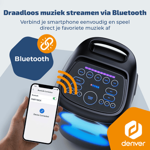 Denver partyspeaker 6,5 inch · discolicht, draadloze microfoon en 4 uur accu