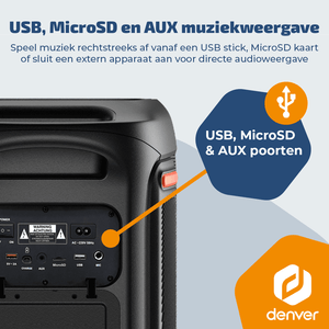 Denver partyspeaker 6,5 inch · discolicht, draadloze microfoon en 4 uur accu
