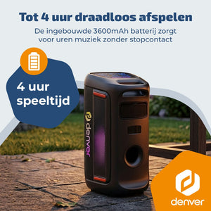 Denver partyspeaker 6,5 inch · discolicht, draadloze microfoon en 4 uur accu