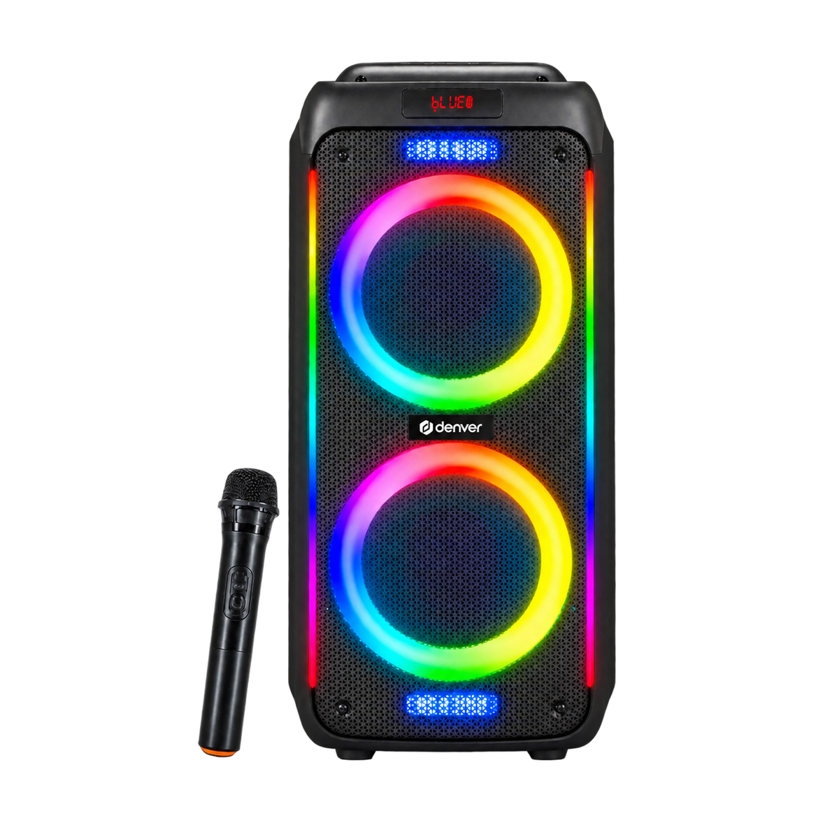 Denver BPS458 partyspeaker met regenboog discolichten en draadloze microfoon, vooraanzicht
