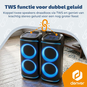 Denver partyspeaker 10 inch XL · discolicht en draadloze microfoon