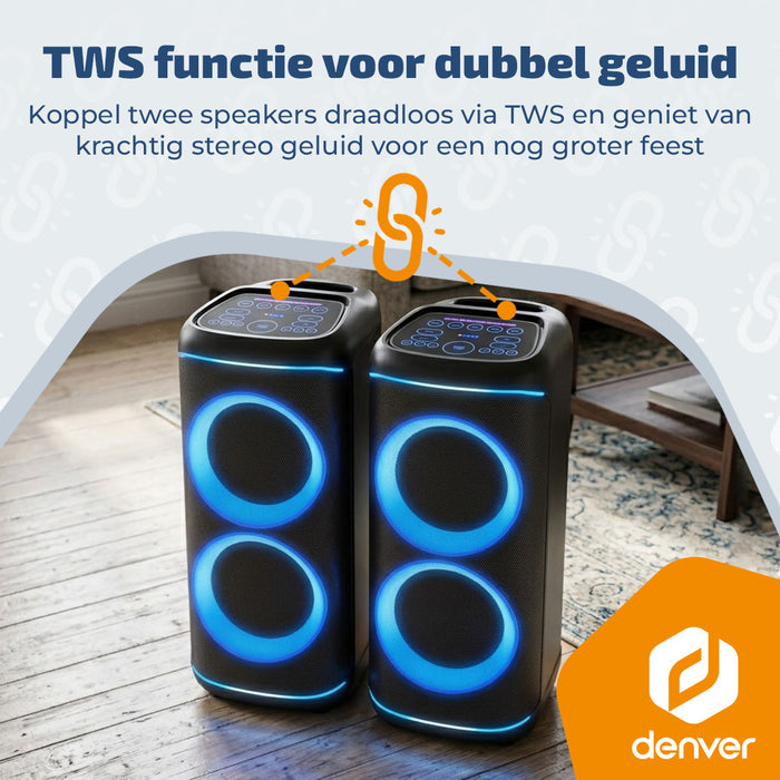 Denver Bluetooth Speaker Party Box - Discolichten - Partyspeaker incl. draadloze microfoon & Afstandsbediening - BPS470