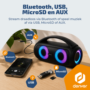 Denver bluetooth speaker · lichteffecten, TWS pairing en AUX