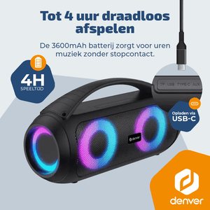 Denver bluetooth speaker · lichteffecten, TWS pairing en AUX
