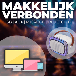 Makkelijk verbonden via USB, AUX, microSD en bluetooth met de Denver BTM610