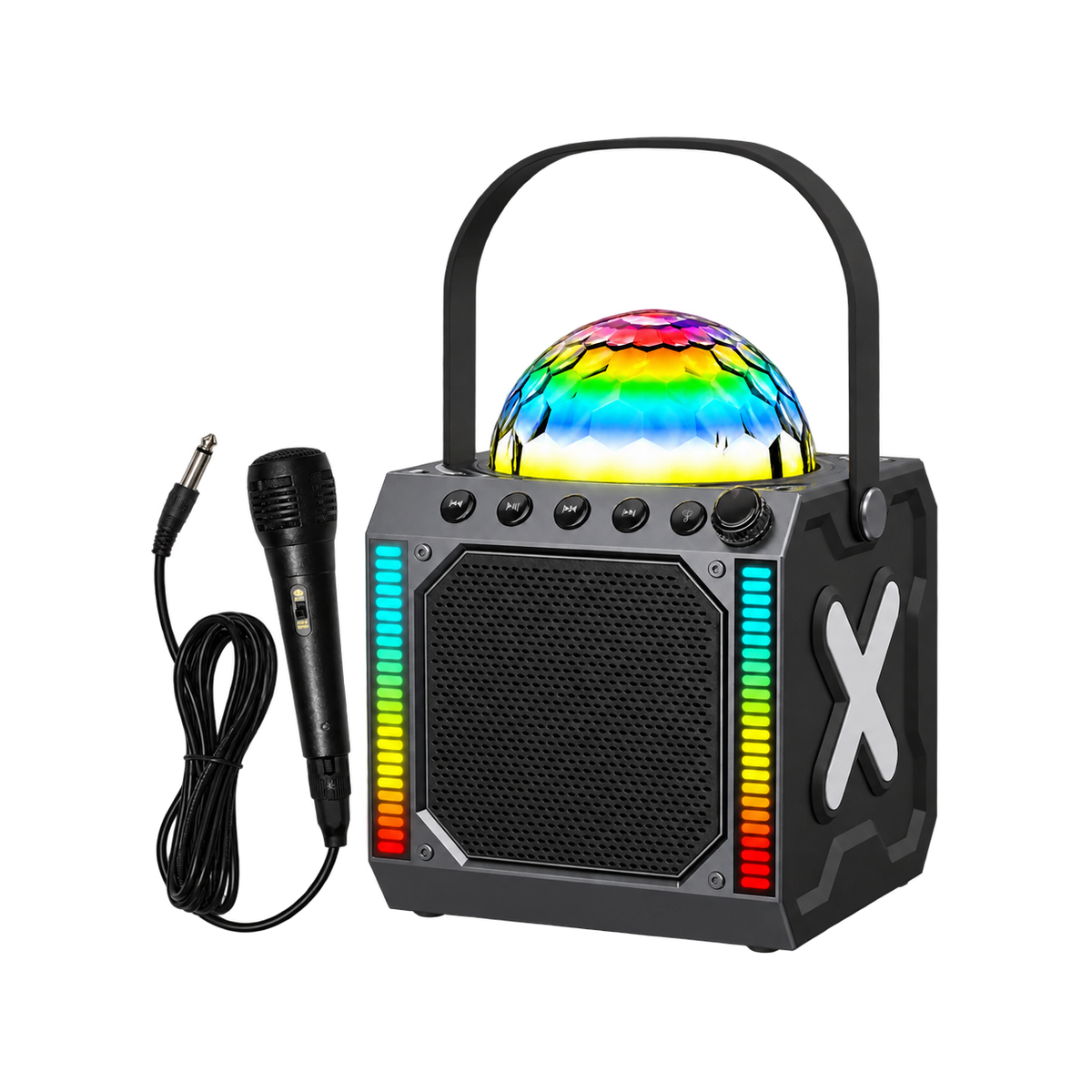 Denver BTM618 karaokeset met discobol, equalizerlichten en bedrade microfoon, vooraanzicht