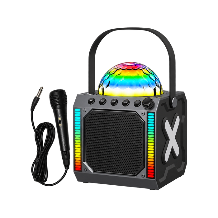 Denver BTM618 karaokeset met discobol, equalizerlichten en bedrade microfoon, vooraanzicht
