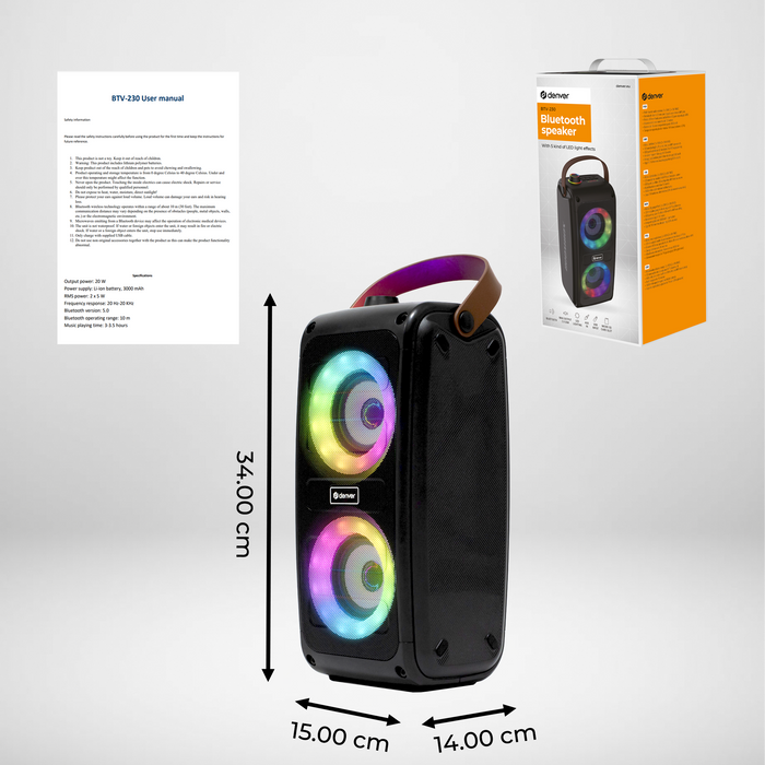 Denver Bluetooth Speaker Draadloos - Lichteffecten - Muziek Box - AUX - TWS Pairing - BTV230 - Zwart