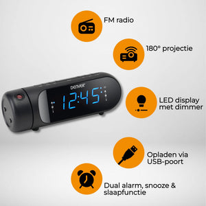 Denver Wekkerradio met Projectie - Opladen via USB - Digitale Wekker - FM Radio - Dubbel Alarm - CPR700 - Denvershop