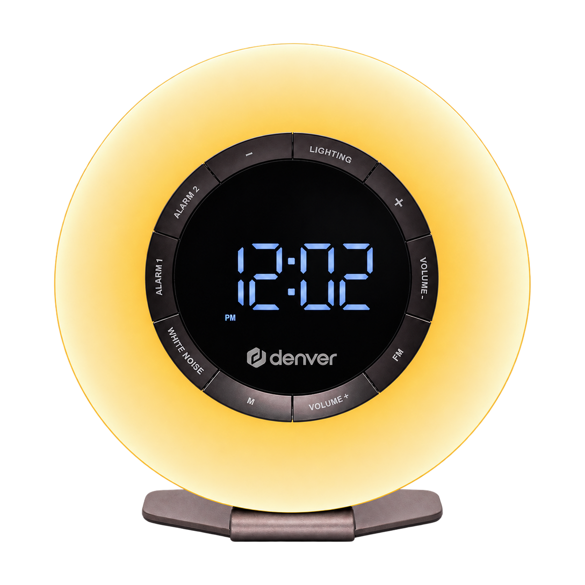 Denver CRL342 wake-up light met FM wekkerradio, wit display en lichtgevende ring, vooraanzicht