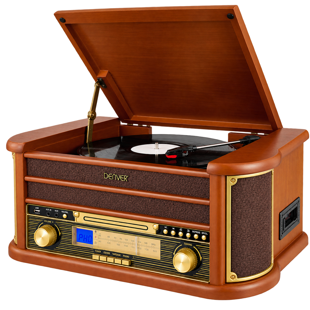 [Donker hout] Denver MRD51 retro platenspeler in donker hout met open deksel, vooraanzicht