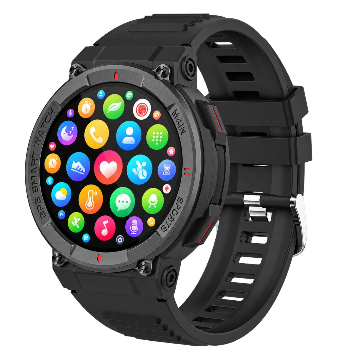 Denver SWG339 robuuste smartwatch met gekleurde app-pictogrammen, schuin vooraanzicht
