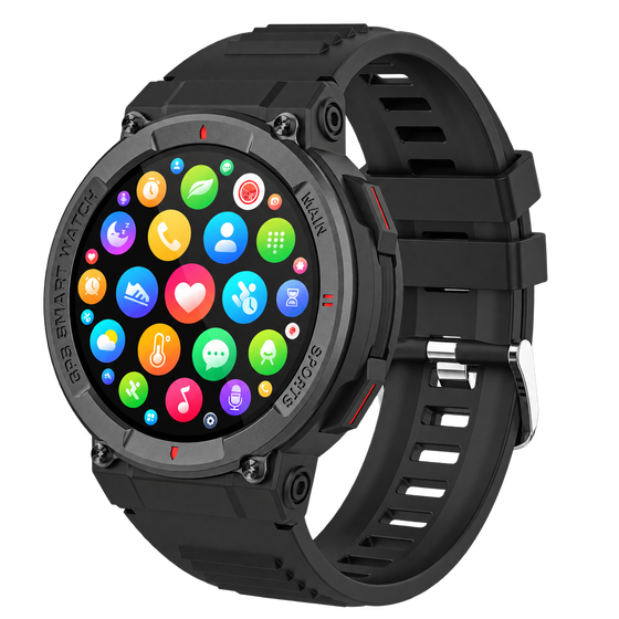 Denver SWG339 robuuste smartwatch met gekleurde app-pictogrammen, schuin vooraanzicht