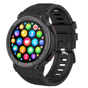 Denver SWG339 robuuste smartwatch met gekleurde app-pictogrammen, schuin vooraanzicht