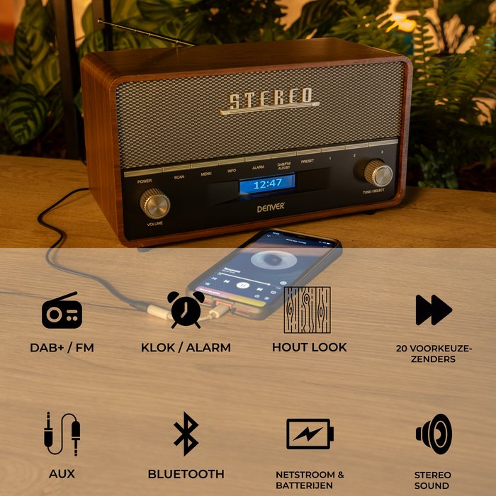 Denver DAB Radio XL - Retro Radio - Bluetooth - DAB+/ FM - Batterijen & Netstroom - DAB36