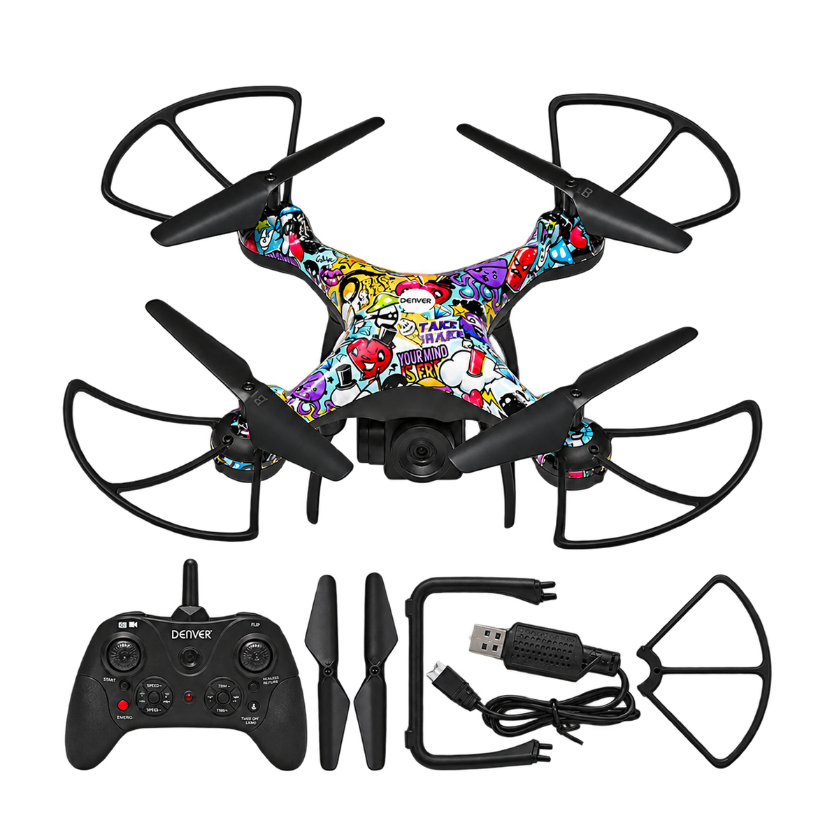 Denver DCW340 drone met camera, met controller, extra propellers, beschermframe en USB-kabel