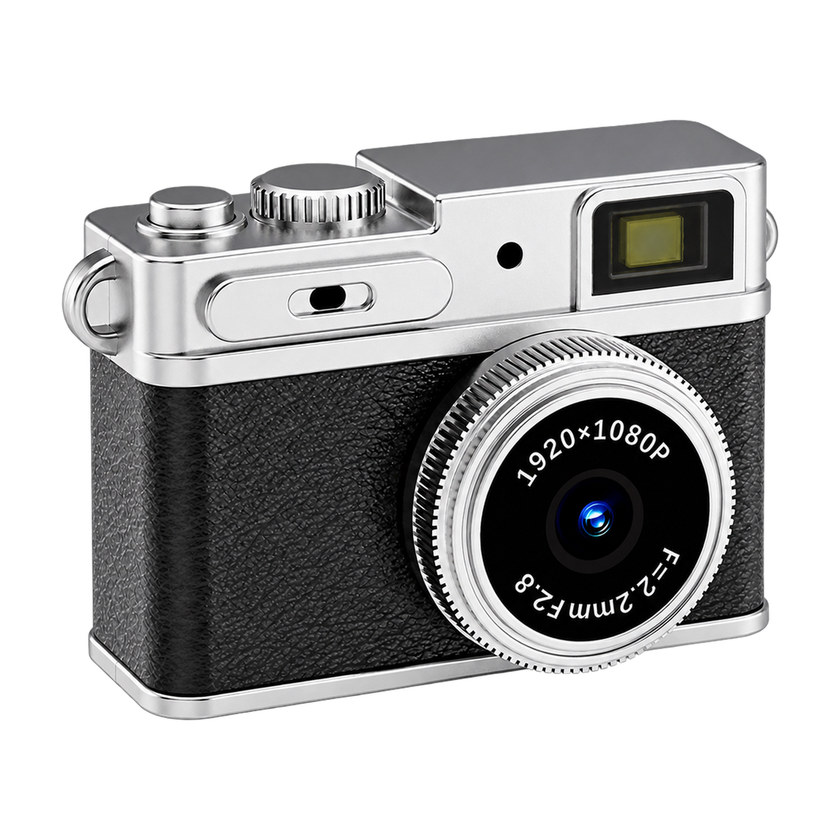 [Zwart] Denver DMC1203 mini digitale camera in retrostijl, zwart met zilver, schuin vooraanzicht