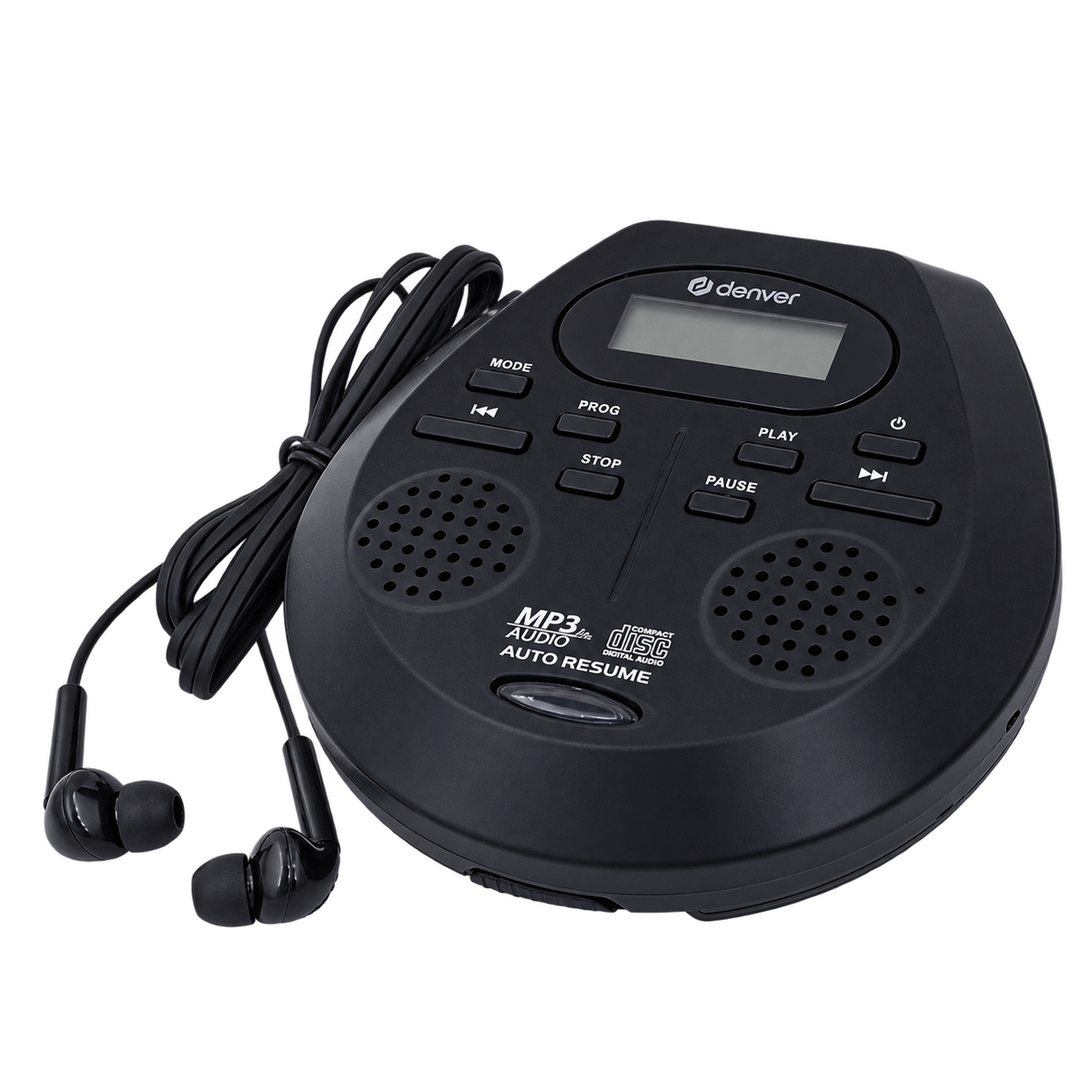 [Zwart] Denver DMP395 discman in zwart met oordopjes, bovenaanzicht