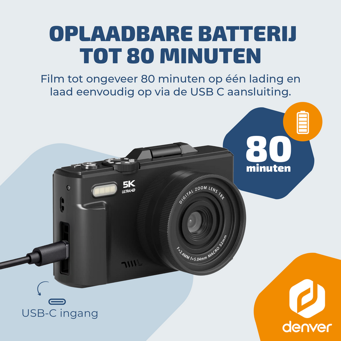 Denver Digitale Camera - Full HD 5K - 75MP - Vlog Camera - Wifi connectie - Foto & Video - Fototoestel - DWC8475B