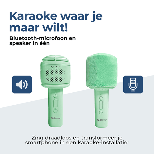[Groen] - Denver Karaoke Microfoon Bluetooth – Draadloos – Speaker met Fluffy Afwerking – Karaoke Set – AUX - MicroSD – KMS30 - Denvershop