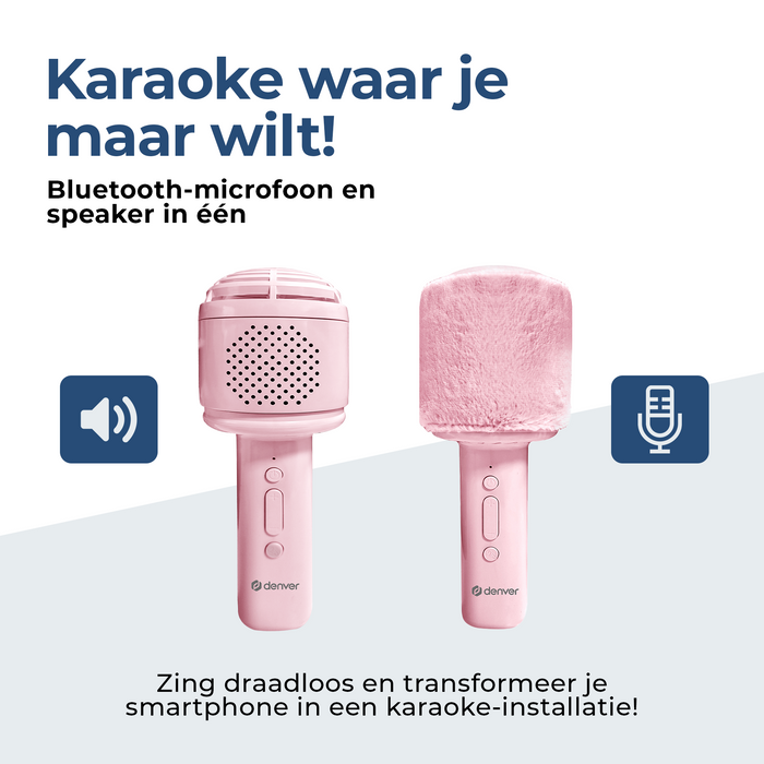 Denver Karaoke Microfoon Bluetooth – Draadloos – Speaker met Fluffy Afwerking – Karaoke Set – AUX - MicroSD – KMS30GN
