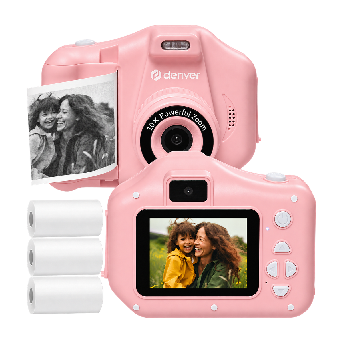 [Roze] Denver KPC1370NS kindercamera met printer in roze, met afgedrukte foto en 3 papierrollen