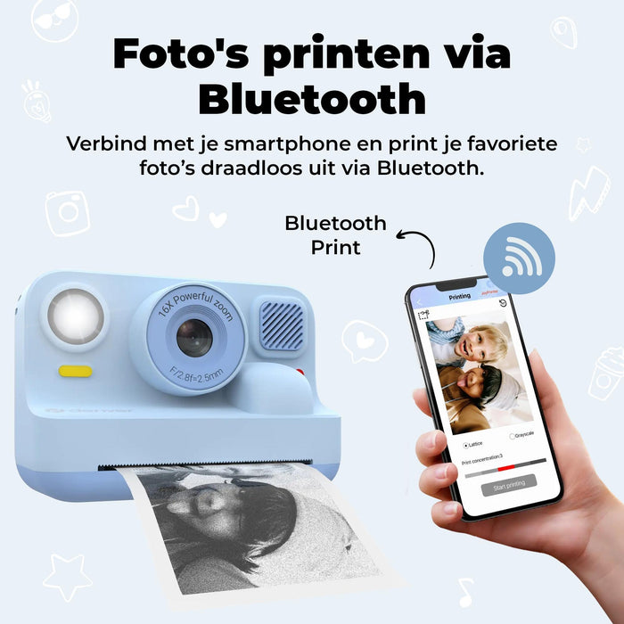 Denver Kindercamera Full HD met Printer - Selfie Camera - 48MP - Digitale Camera Kinderen - Bluetooth printer - Foto & Video - KPC1374BTW - Wit